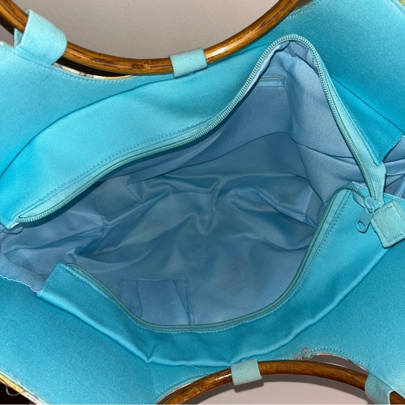 Vintage Style Floral Canvas Bag w/ Bamboo Look Ring Handles Summer Beach Bag - Picture 3 of 4